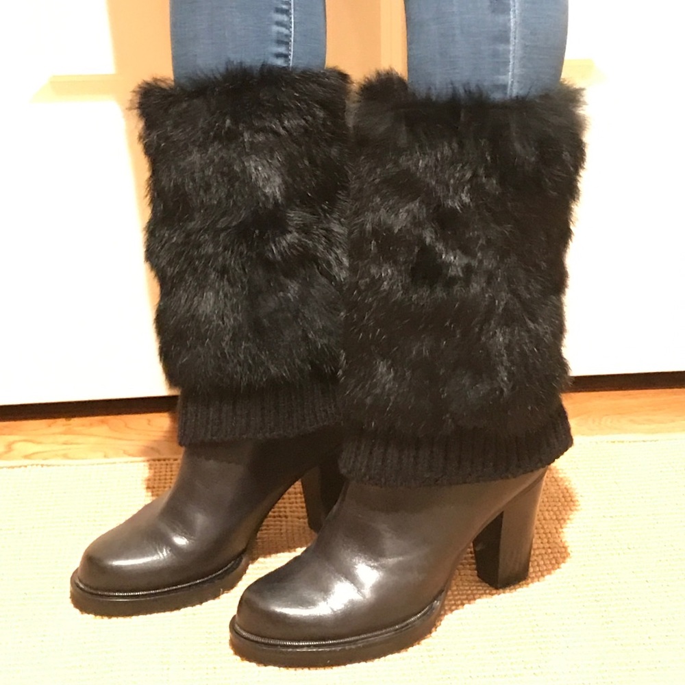 Joy Chen Black Fur & Sweater Detail Leather Boots