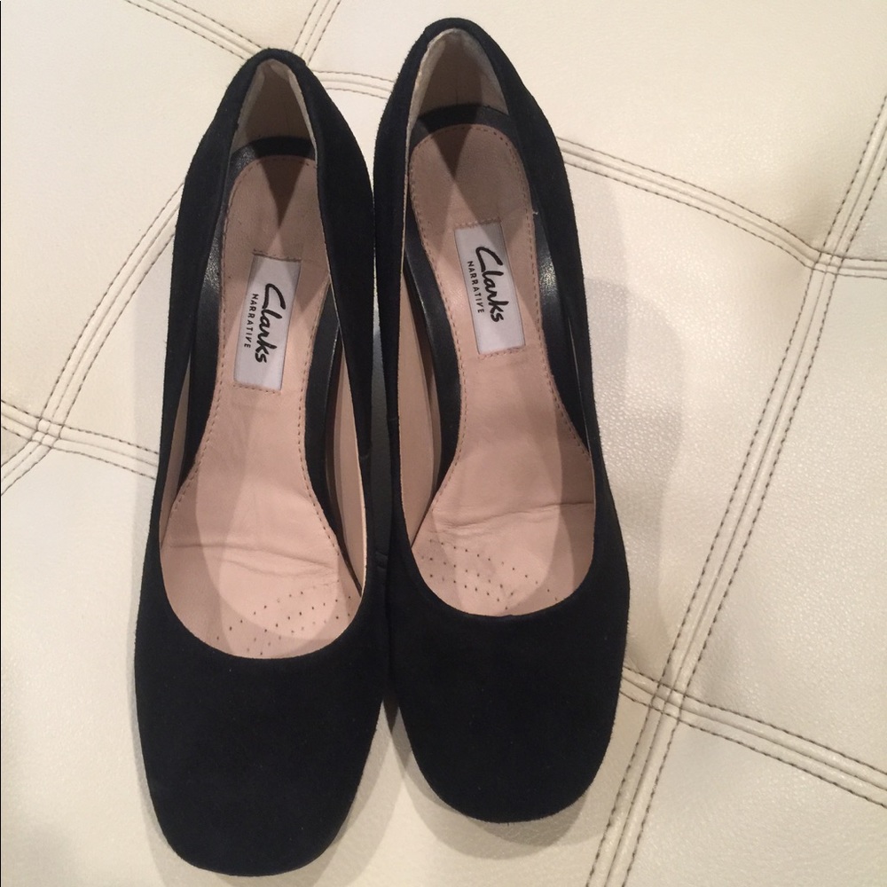 Clark's chunky 3 in heels. Black suede