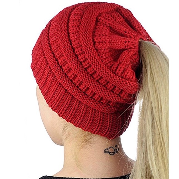 LAST ONE ♥️ Red Beanie Messy Bun High Ponytail Hat - Picture 4 of 8