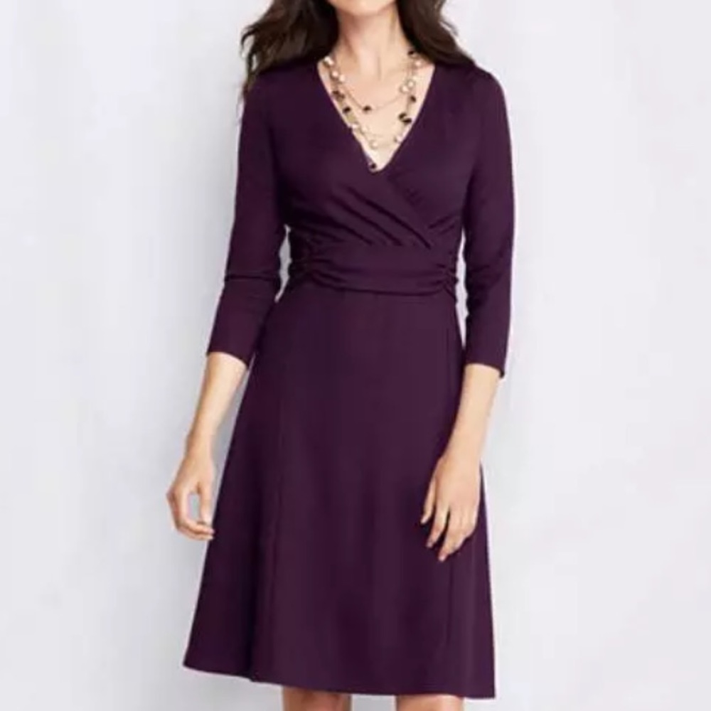 Land's End ponte faux wrap dress in plum, XXS/P 0