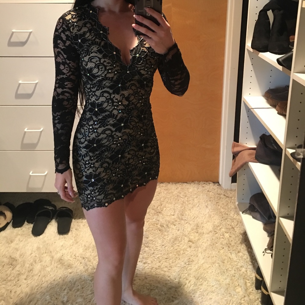 Black long sleeve lace dress with crystals by Holt