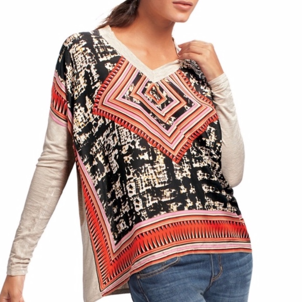 CAbi silk rayon orange pink tan square print top