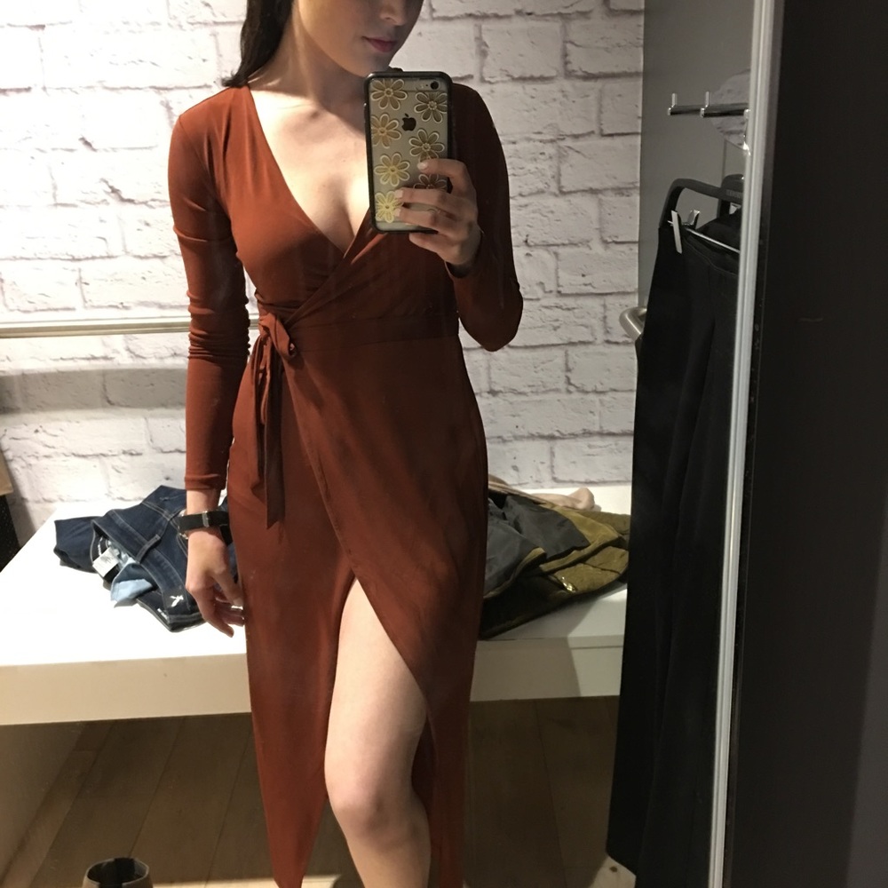 Copper color dress.