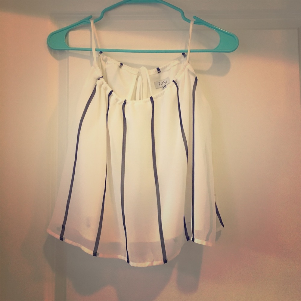 TOBI White & blue striped crop top w open back