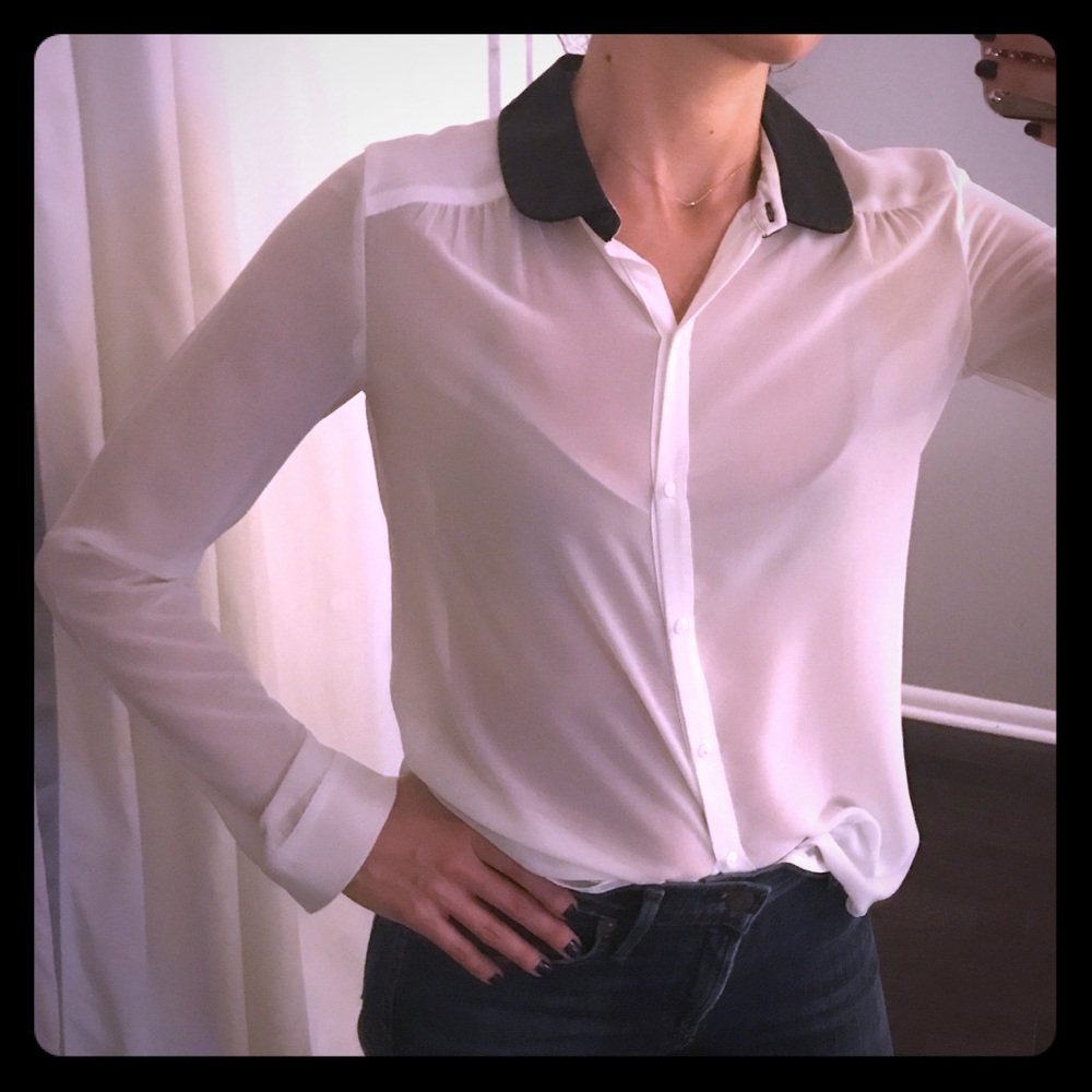 ZARA Faux Leather collar Button Down Blouse.