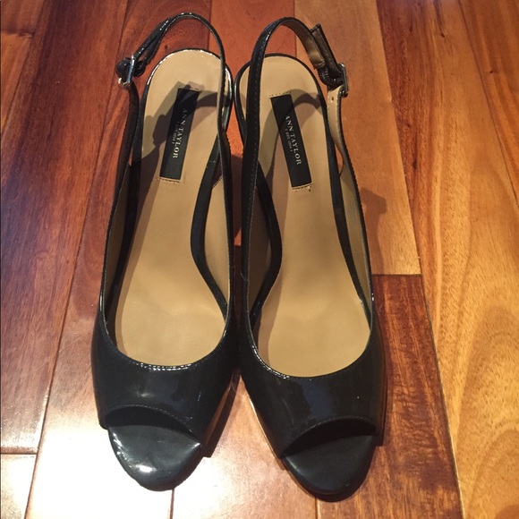 black patent peep toe slingback heels
