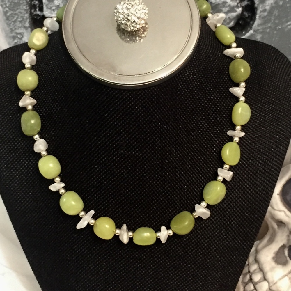 Green Serpentine and Grey Quartz Necklace
