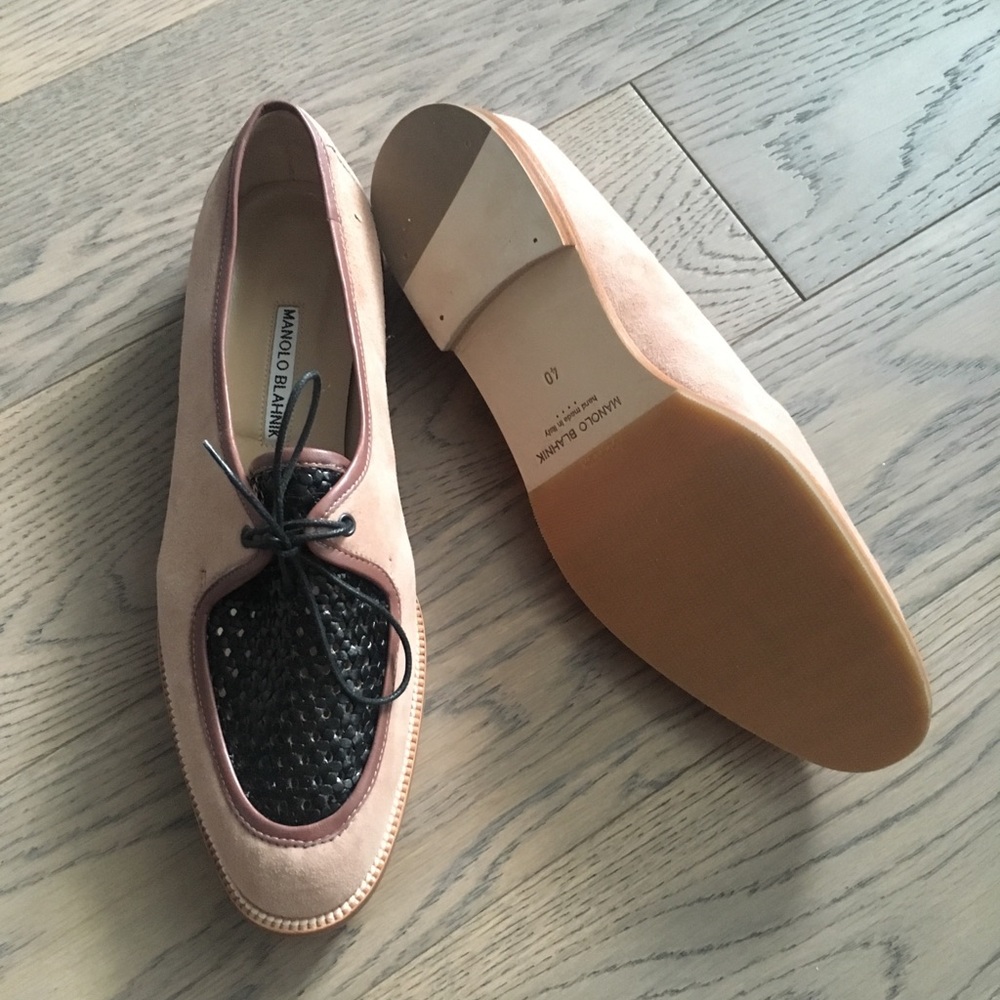 Manolo Blahnik loafer, pink suede, black weaving