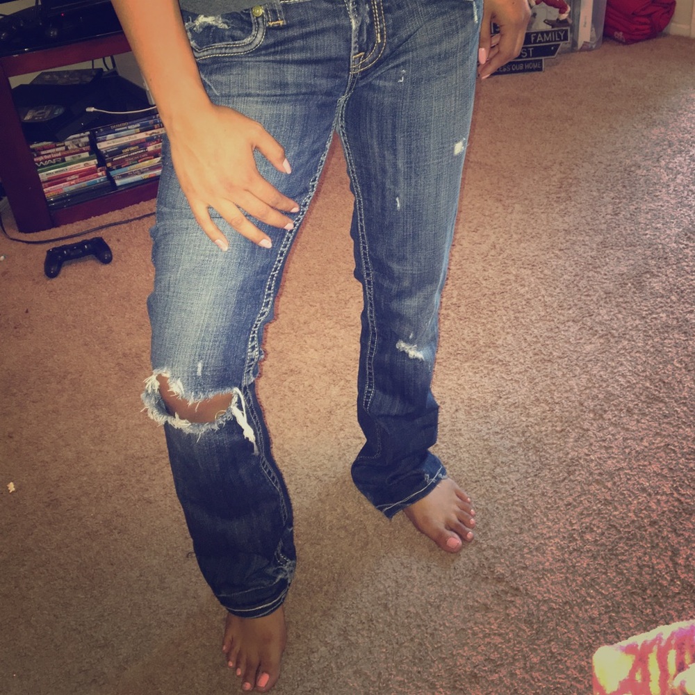 MEX DENMIN USA boot cut jeans, designer rips.