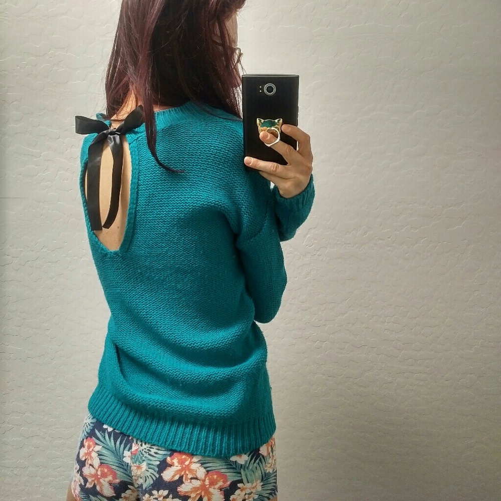 Teal Knit Sweater w/ Open Back & Black Satin Bow