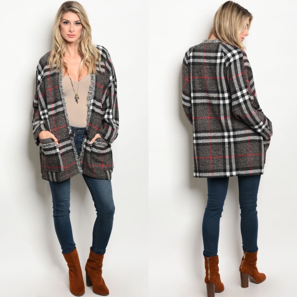 Grey Plaid Sweater Jacket with Pockets sold - Picture 1 of 3