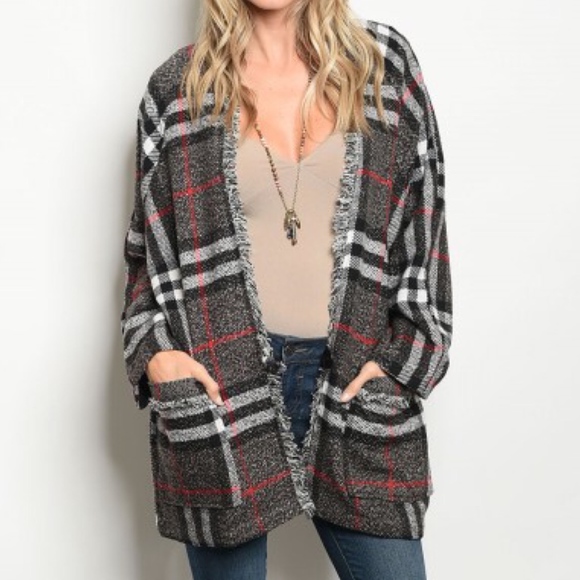 Grey Plaid Sweater Jacket with Pockets sold - Picture 2 of 3