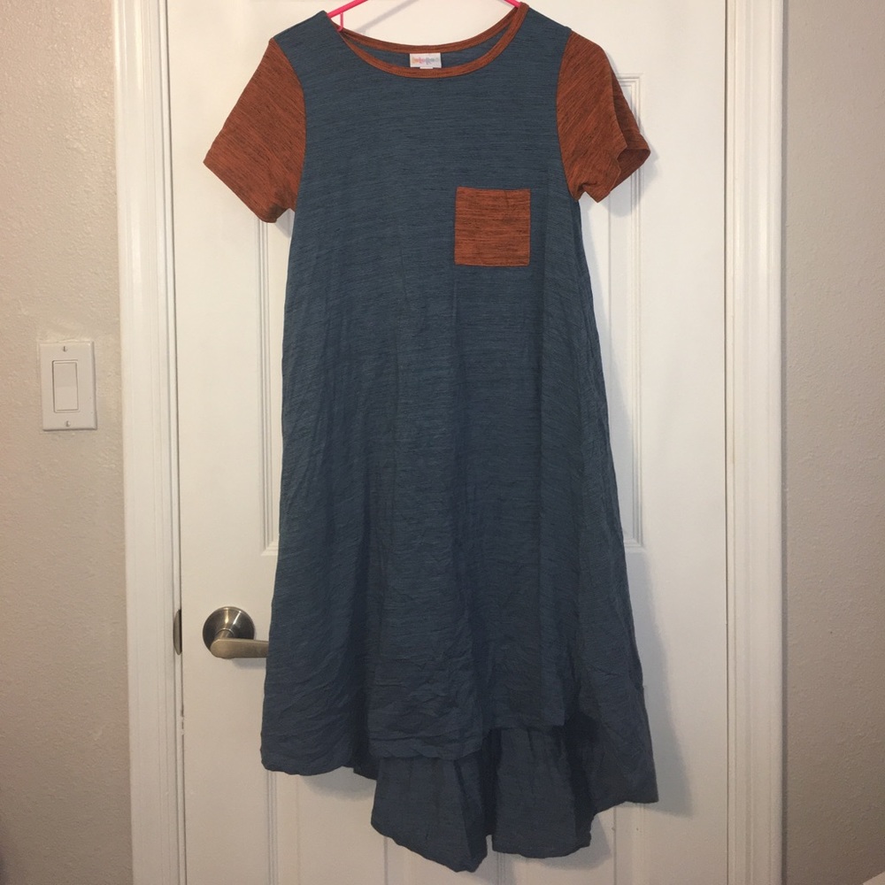 LulaRoe Carly - Blue w/orange pocket and sleeves