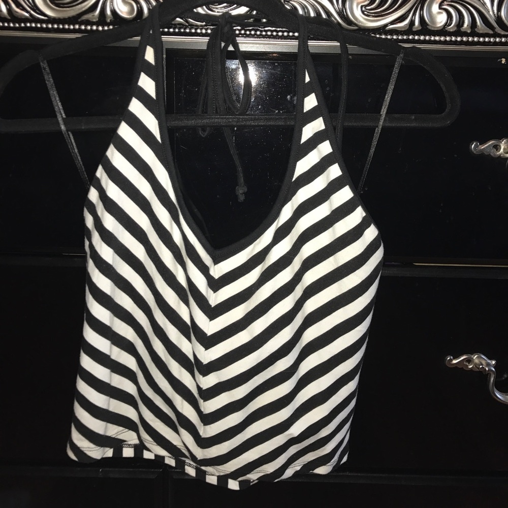 Black and White Striped Crop Top with deep V-Neck