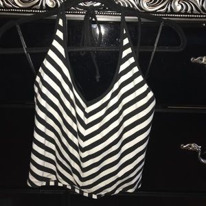 Black and White Striped Crop Top with deep V-Neck