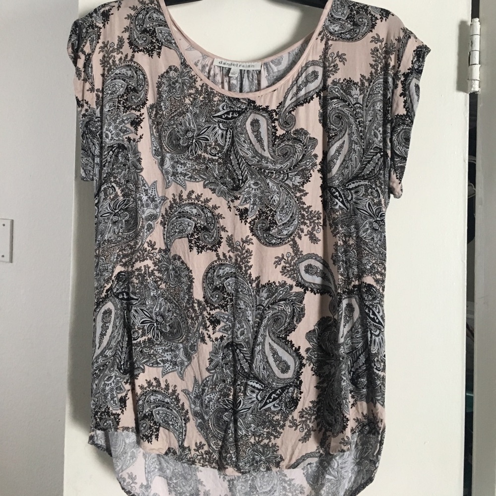 Pink and black paisley short sleeved blouse