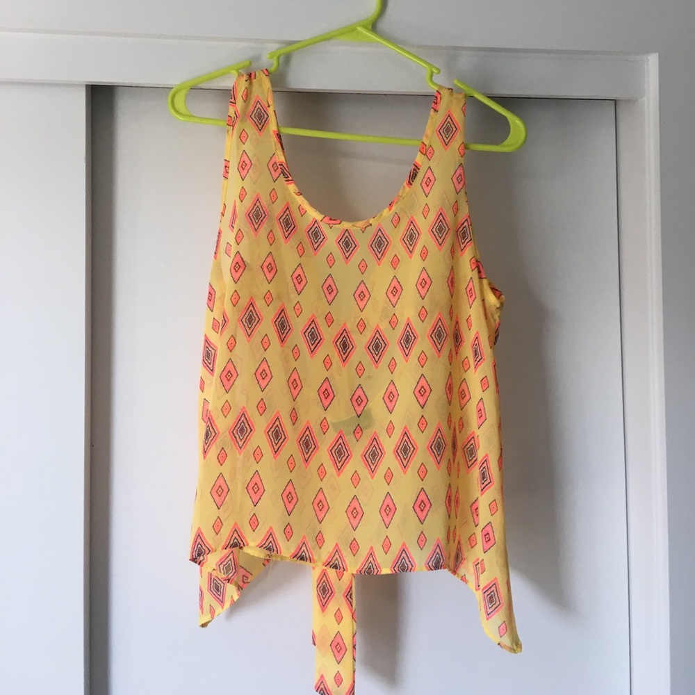 Adorable 'Maude'yellow sheer tank with a tie back