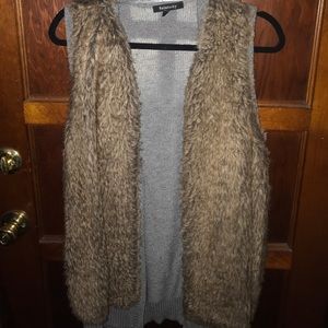 Brown fur / grey cable knit sweater vest