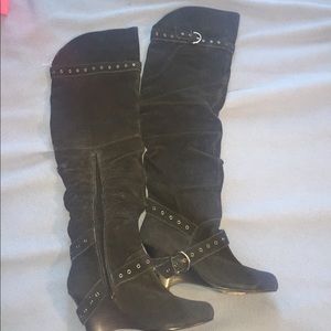 Thigh high black swede boots