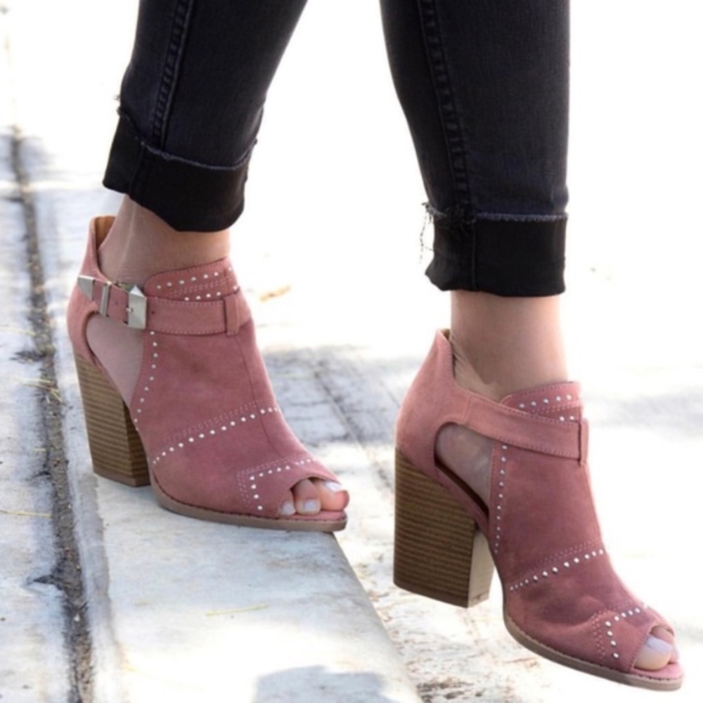 LAST! Mauve Studded Suede Peep Toe Booties - Picture 2 of 2