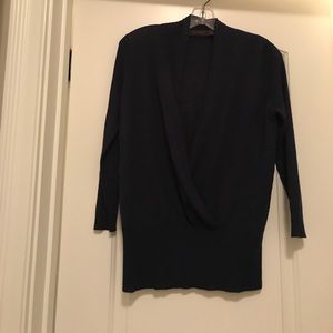 Navy wrap sweater with wide waistband