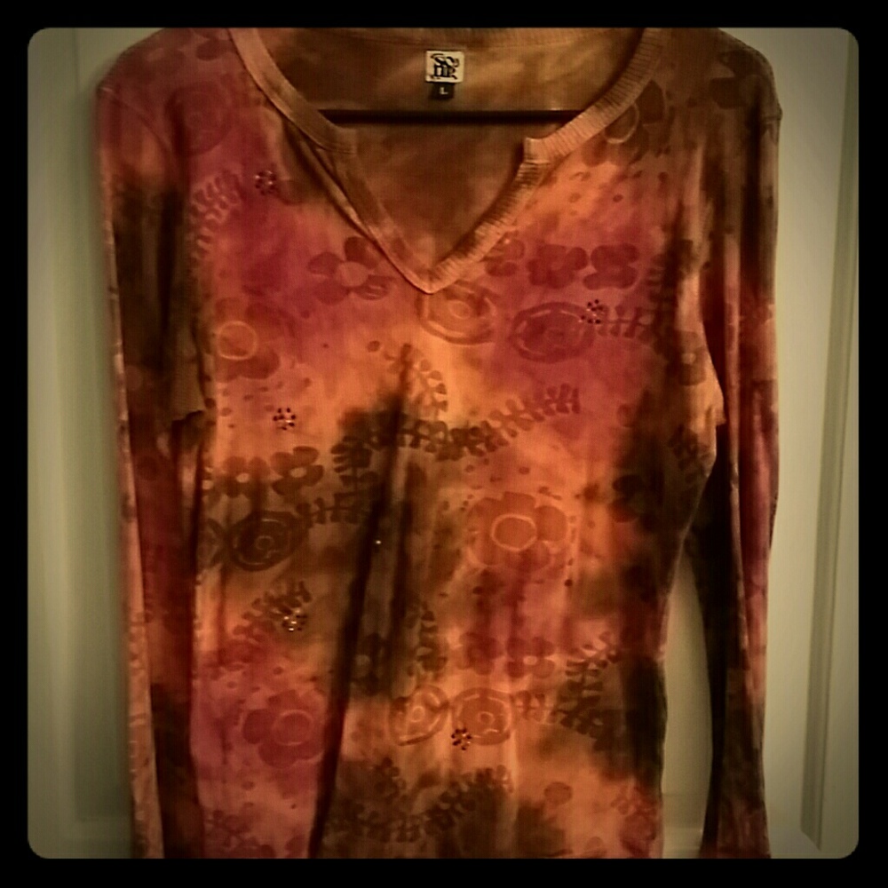 V neck large pink,brown and peach tied dyed ribbed