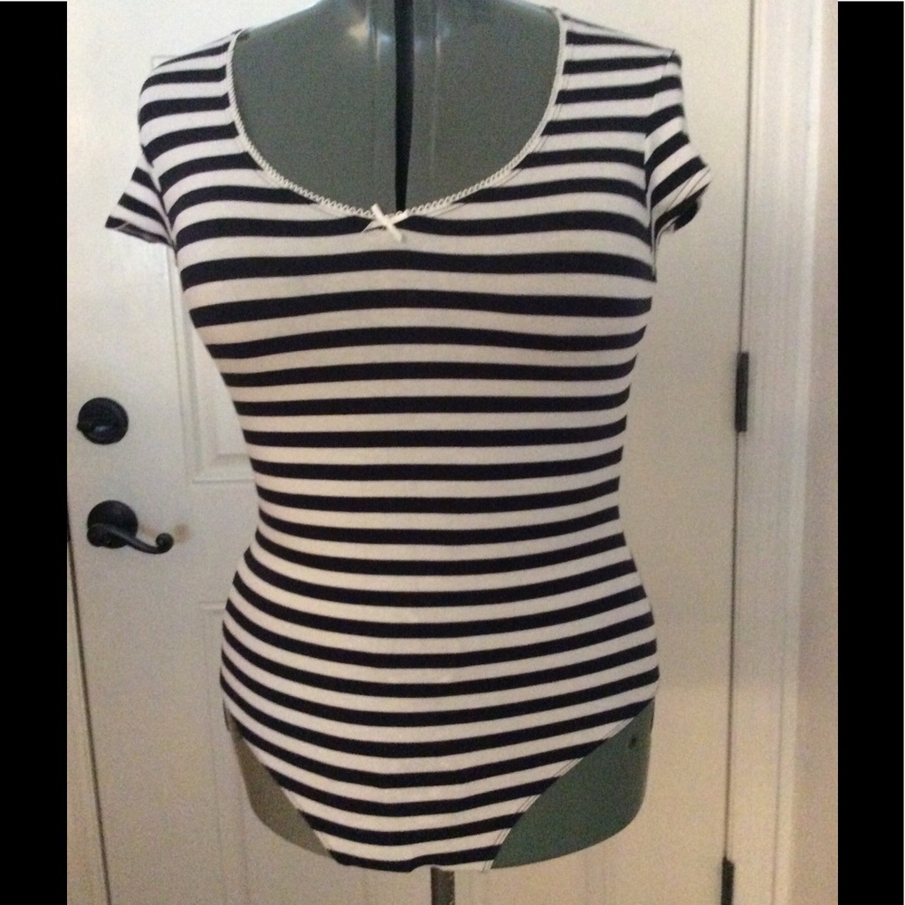 New navy, & white striped body suit.