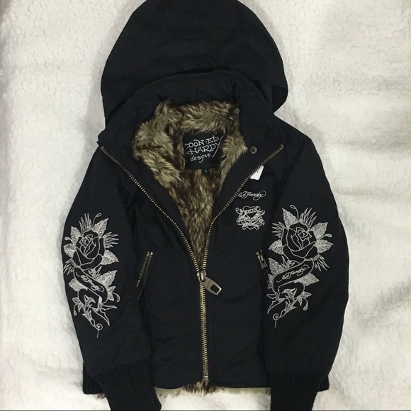 Ed Hardy Faux Fur Lined Girls Coat Size 