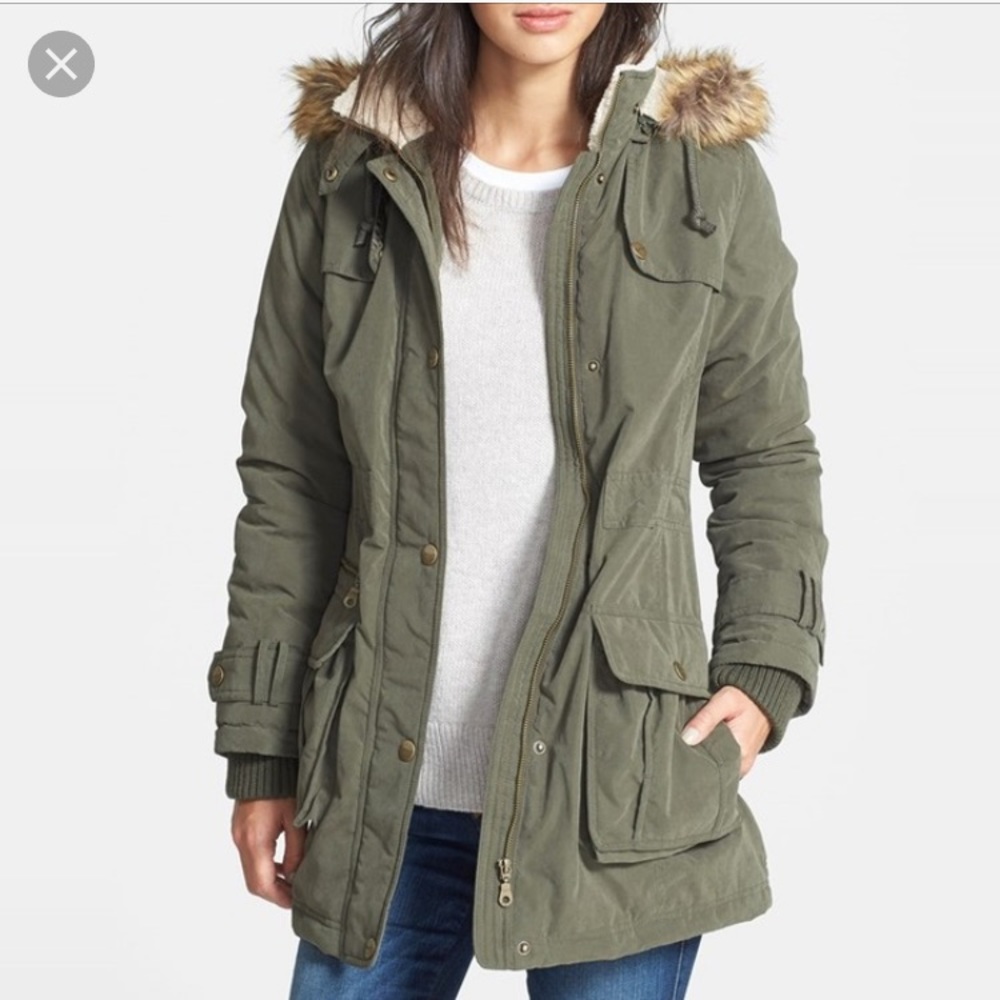 DKNY Faux Fur Trim Hooded Coat