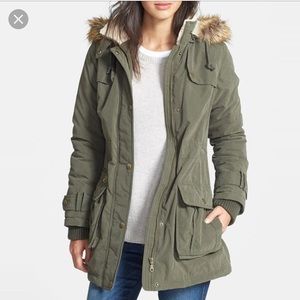 DKNY Faux Fur Trim Hooded Coat