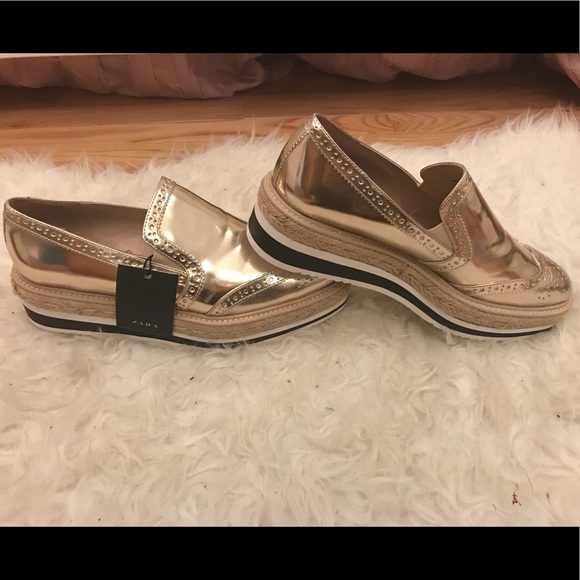 New Zara Platform Gold Loafers Size 38 - Picture 4 of 8