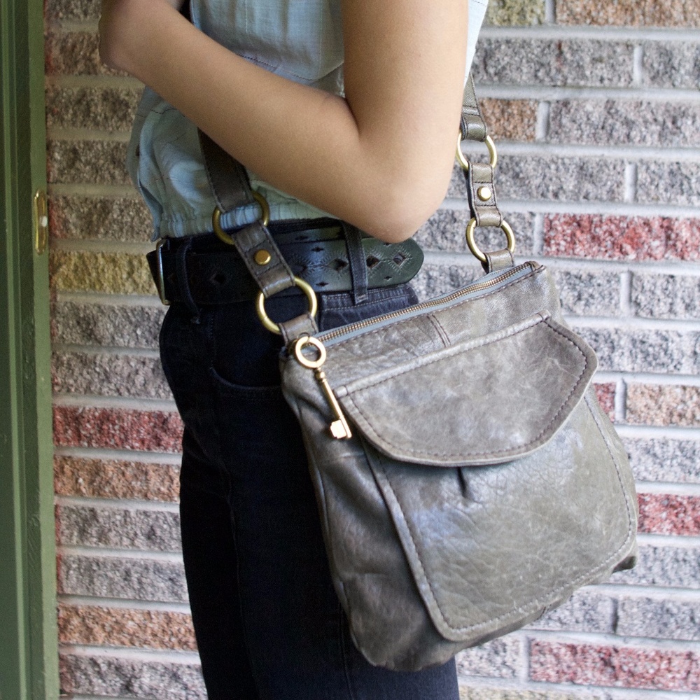 Fossil Long Live Vintage Grey Leather Crossbody