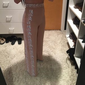 Tan embroidered wide leg trousers by Missguided.