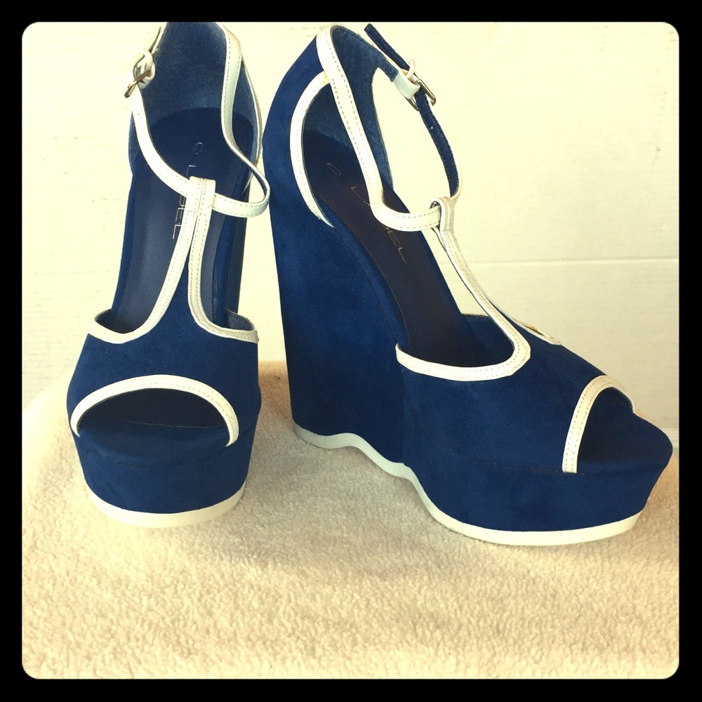 Blue faux suede and white patent t strap platforms