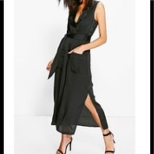 NWT Black utility wrap dress satin midi maxi