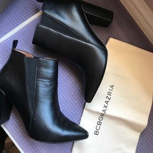 BCBG black leather ankle bootie