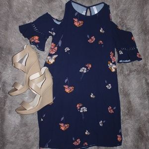 Navy Floral Cold Shoulder Dress
