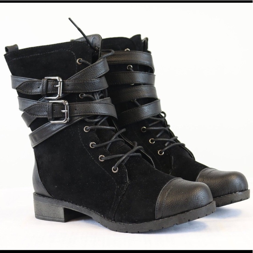Bamboo Women Black Laced Strap Suede Combat Boots