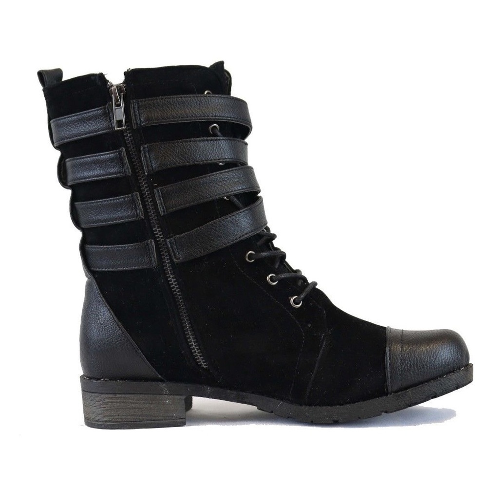 Bamboo Women Black Laced Strap Suede Combat Boots - Picture 2 of 5