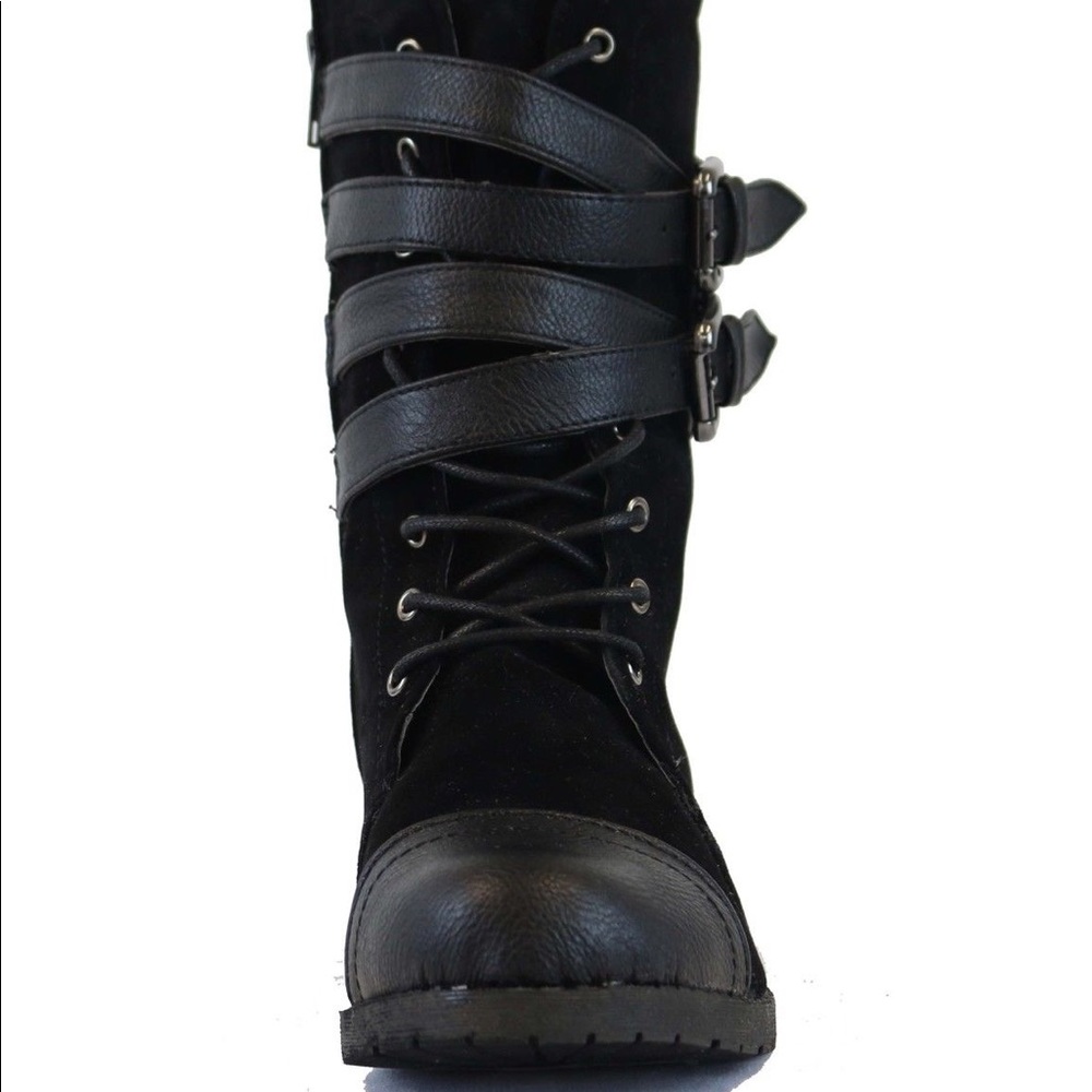 Bamboo Women Black Laced Strap Suede Combat Boots - Picture 3 of 5