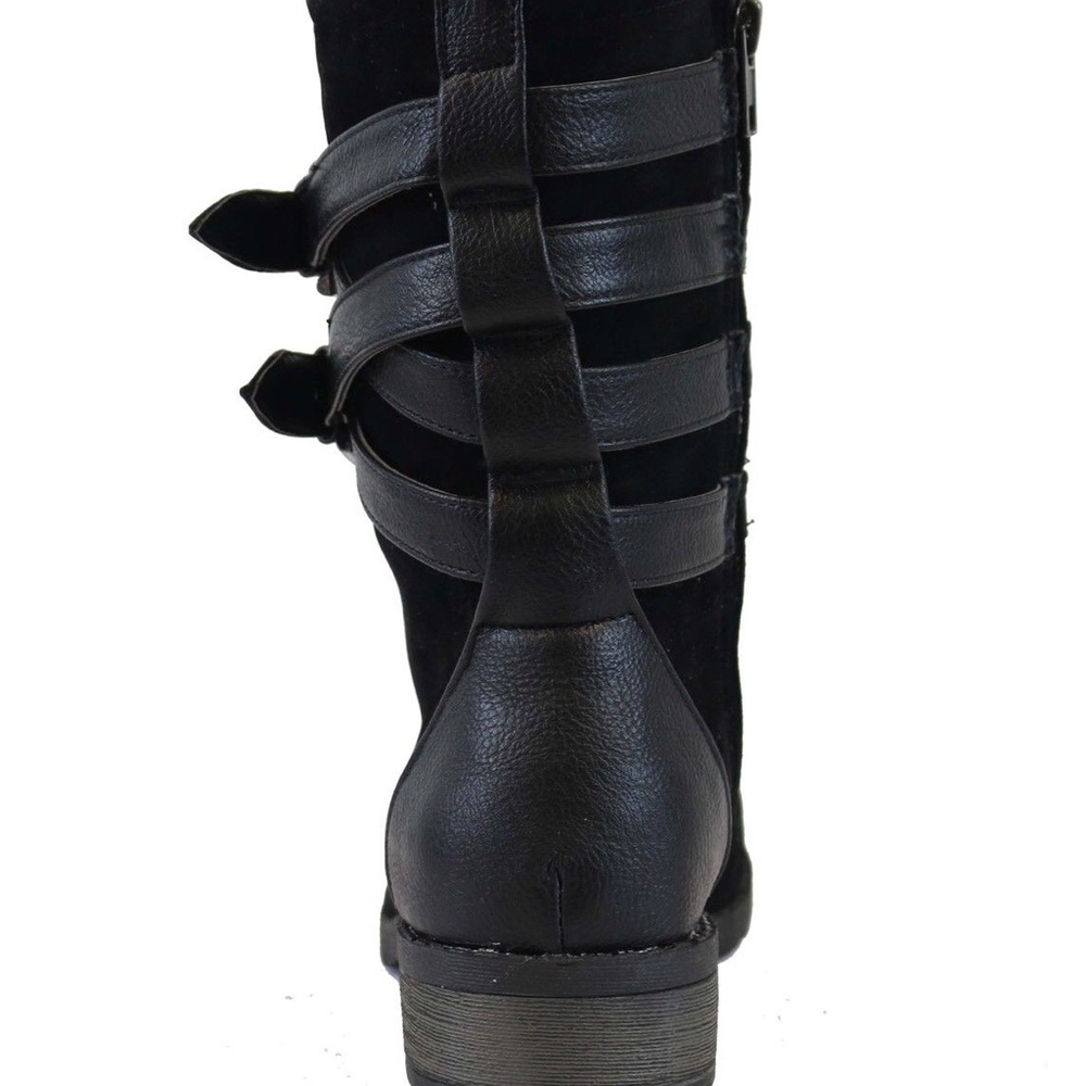 Bamboo Women Black Laced Strap Suede Combat Boots - Picture 4 of 5