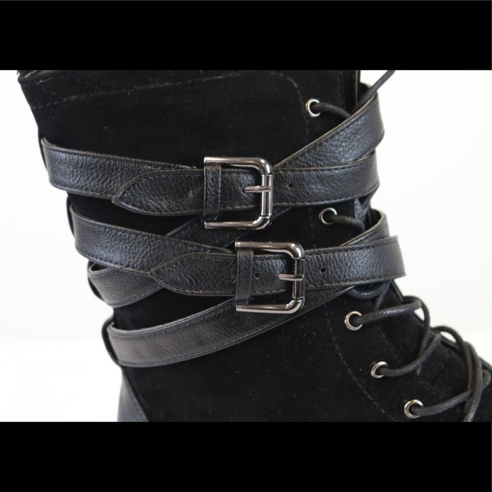 Bamboo Women Black Laced Strap Suede Combat Boots - Picture 5 of 5