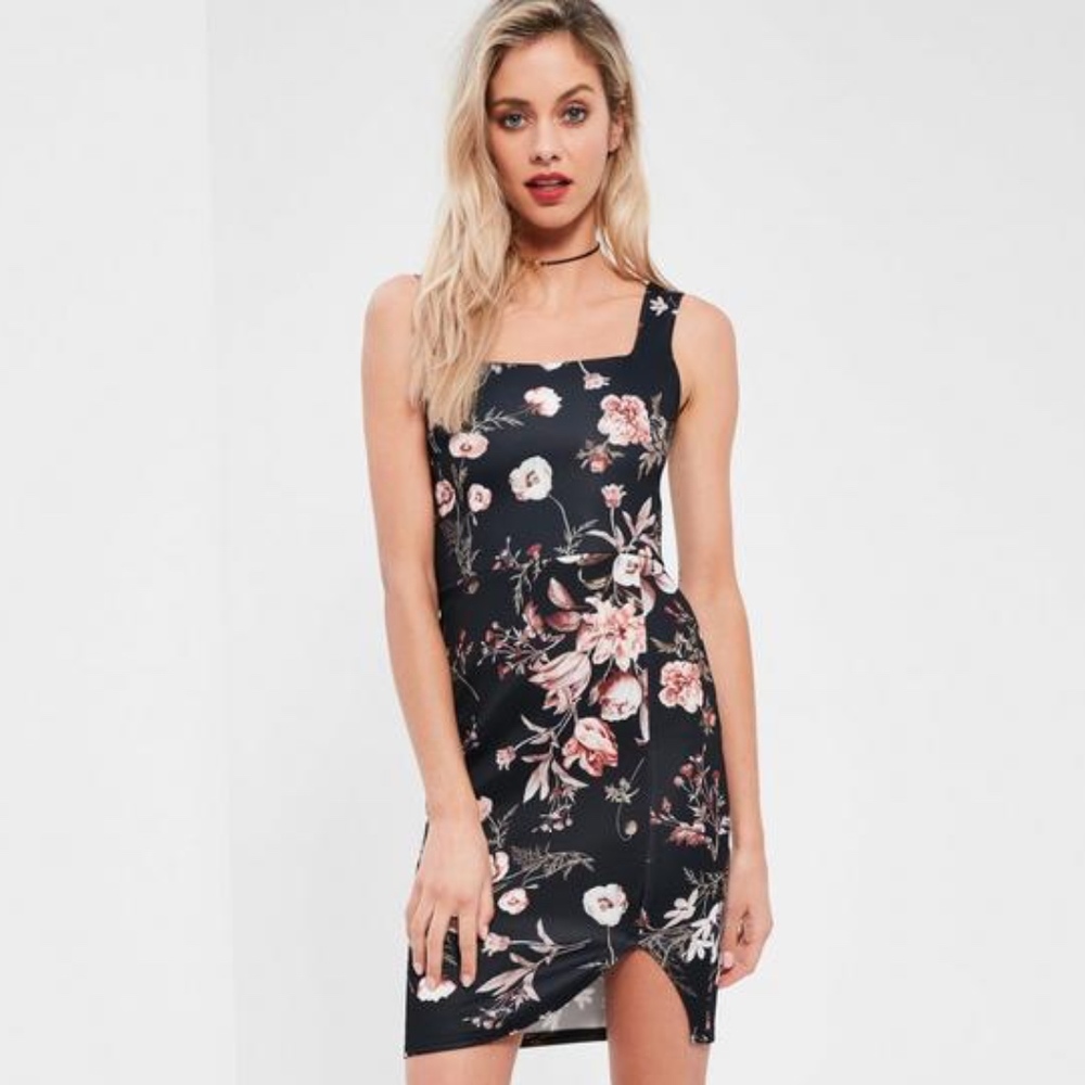 Tall exclusive black floral print scuba midi dress