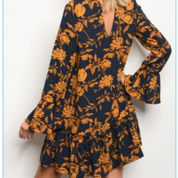 LAST 1: Keyhole Navy and Mustard Floral Dress - Picture 2 of 7