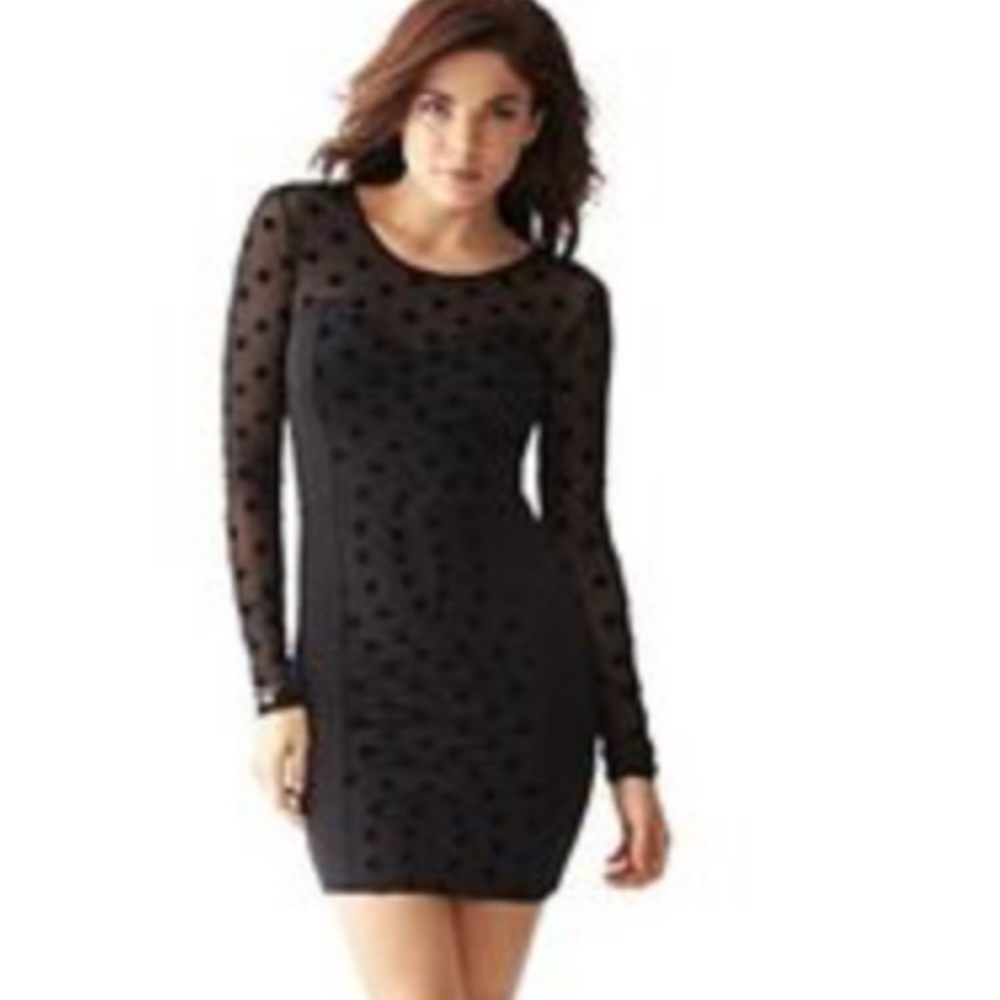 Guess Long Sleeve Illusion Dotted Mesh Dress