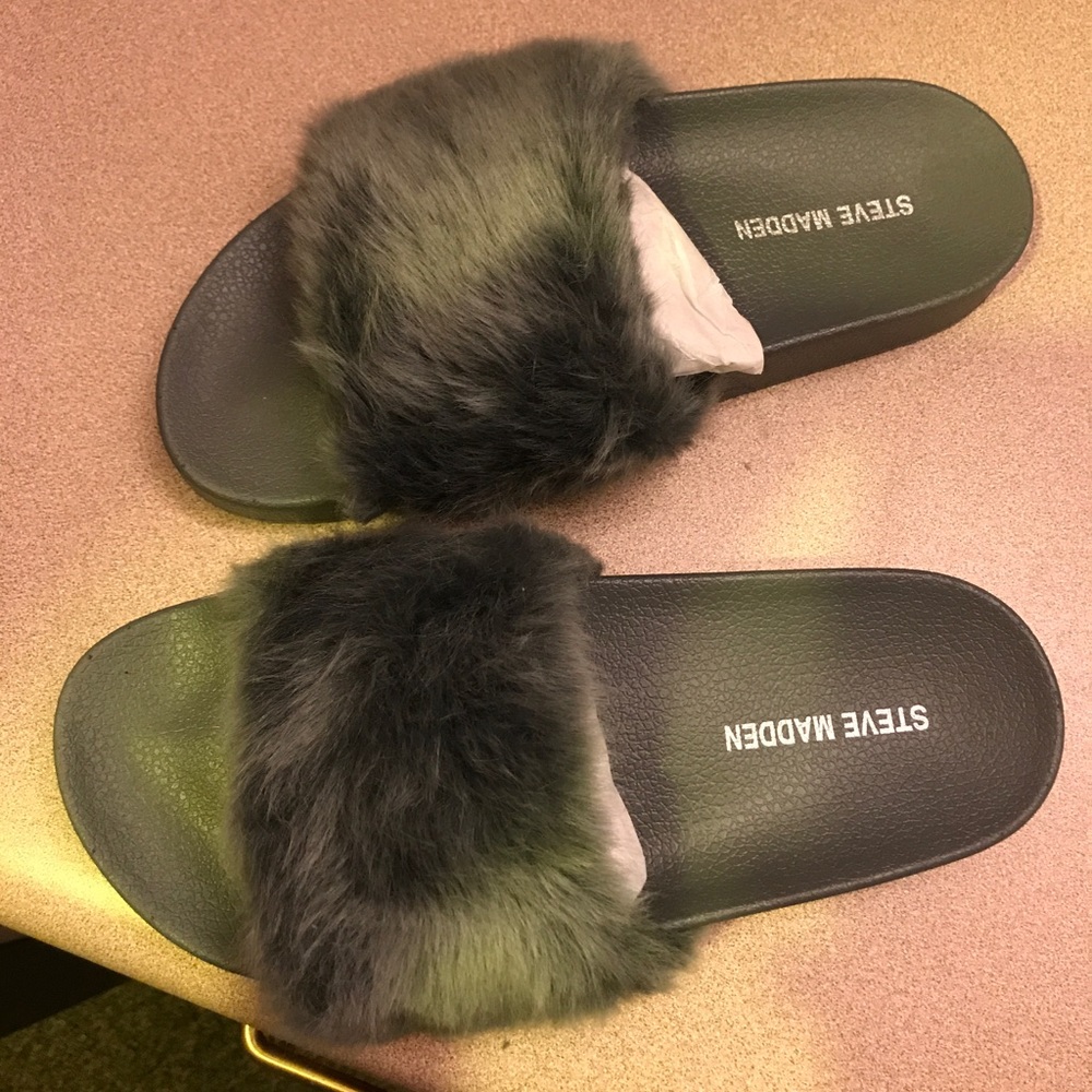 Steve Madden fur slides .
