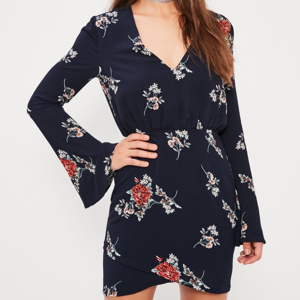 Navy floral print flared sleeve bodycon dress