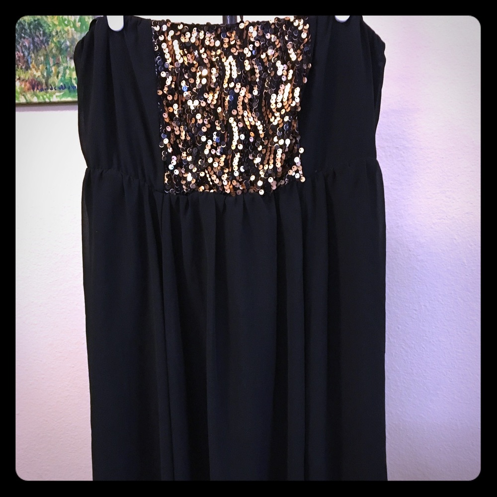 Strapless Black Chiffon Gold Sequin Dress