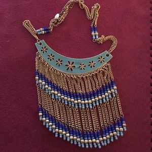 Blue and gold statement necklace with fringe