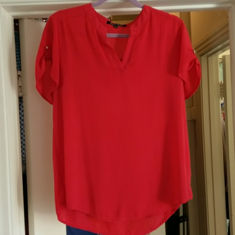 V neck short sleeve blouse with buttoned sleeve